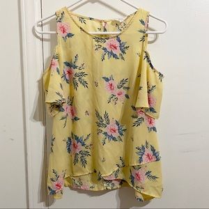 Yellow Floral Cold Shoulder Blouse Top
